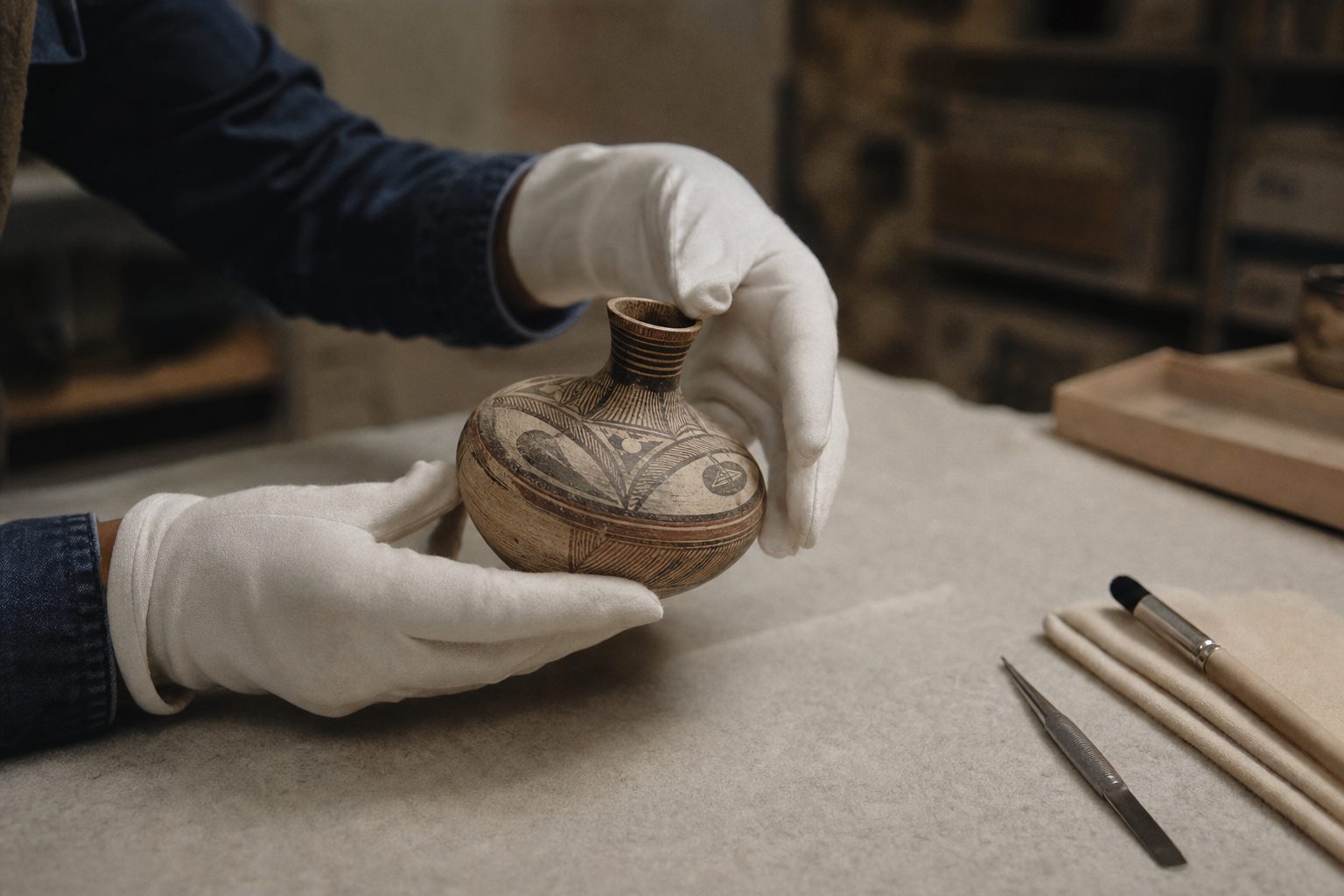 A curator's gloved hands carefully holding a painted ceramic vessel over a felt-lined worktable, conservation tools beside it — the lead image for the essay on authenticity and AI in museum interpretation.