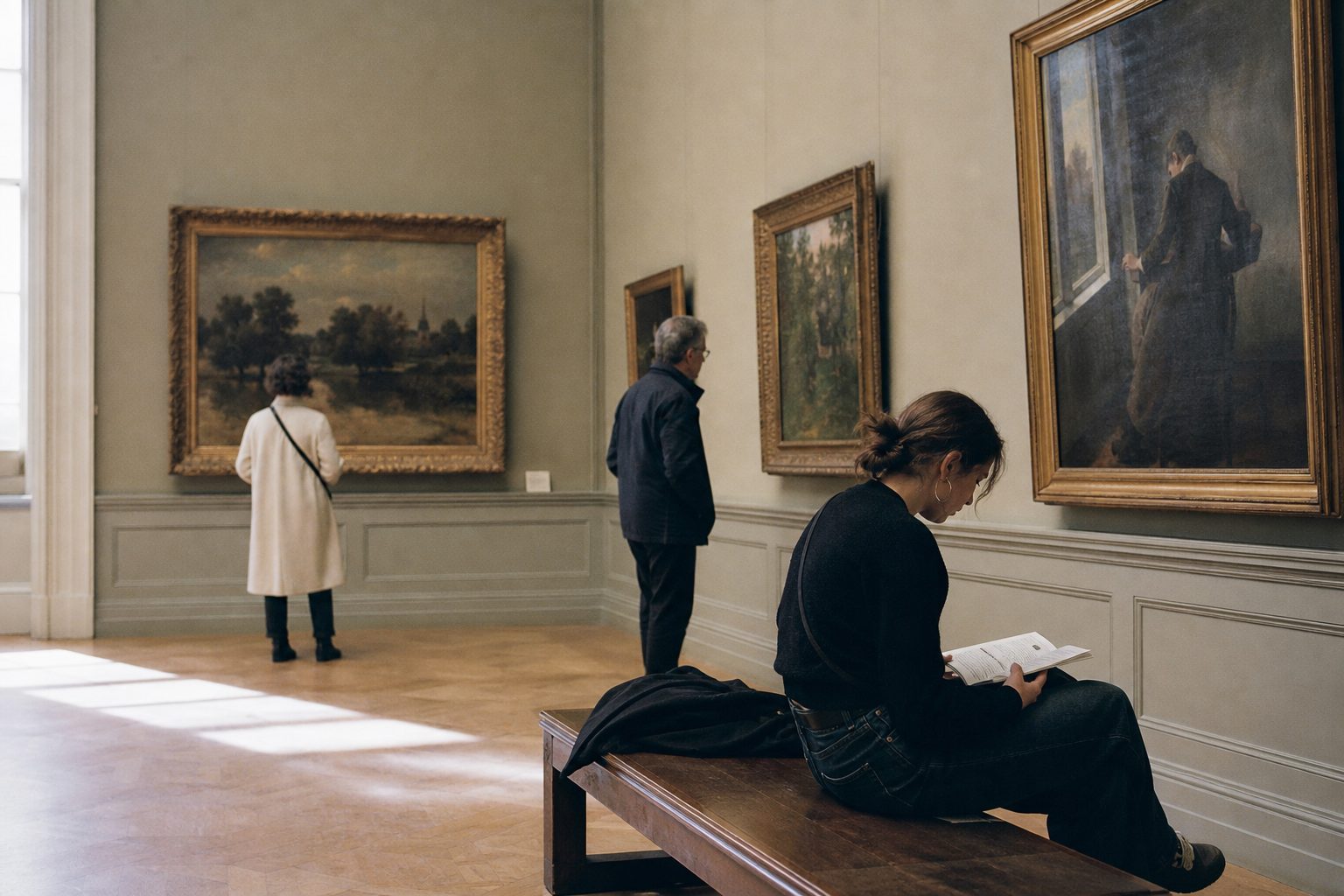Three visitors at different distances in a sunlit painting gallery — one seated reading a guide, others standing close to and back from the canvases — the lead image for the essay on serving many audiences from one collection.