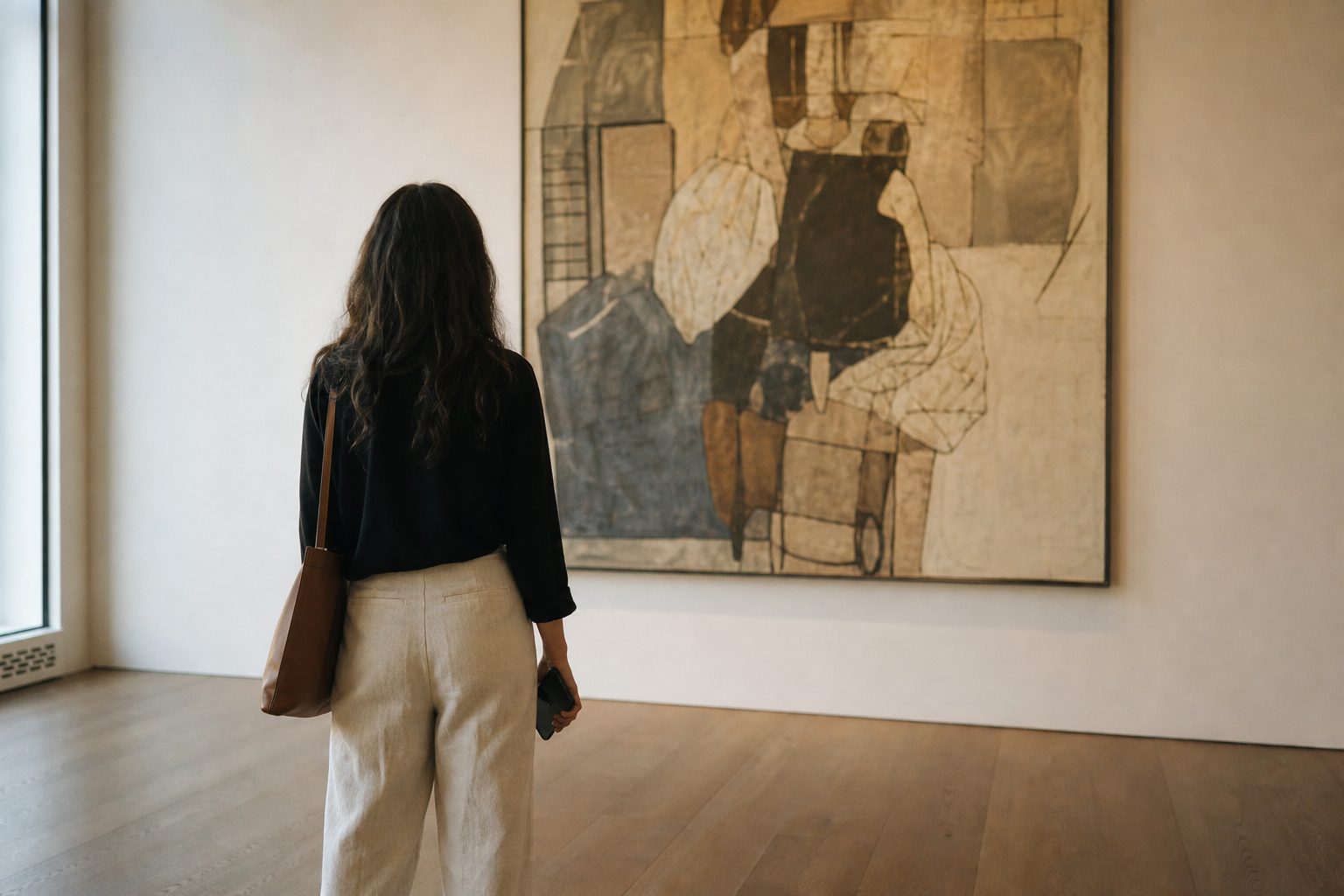 A visitor seen from behind in a bright contemporary gallery, a phone held low in one hand, standing before a large painting — the lead image for the essay on how visitor expectations have shifted.